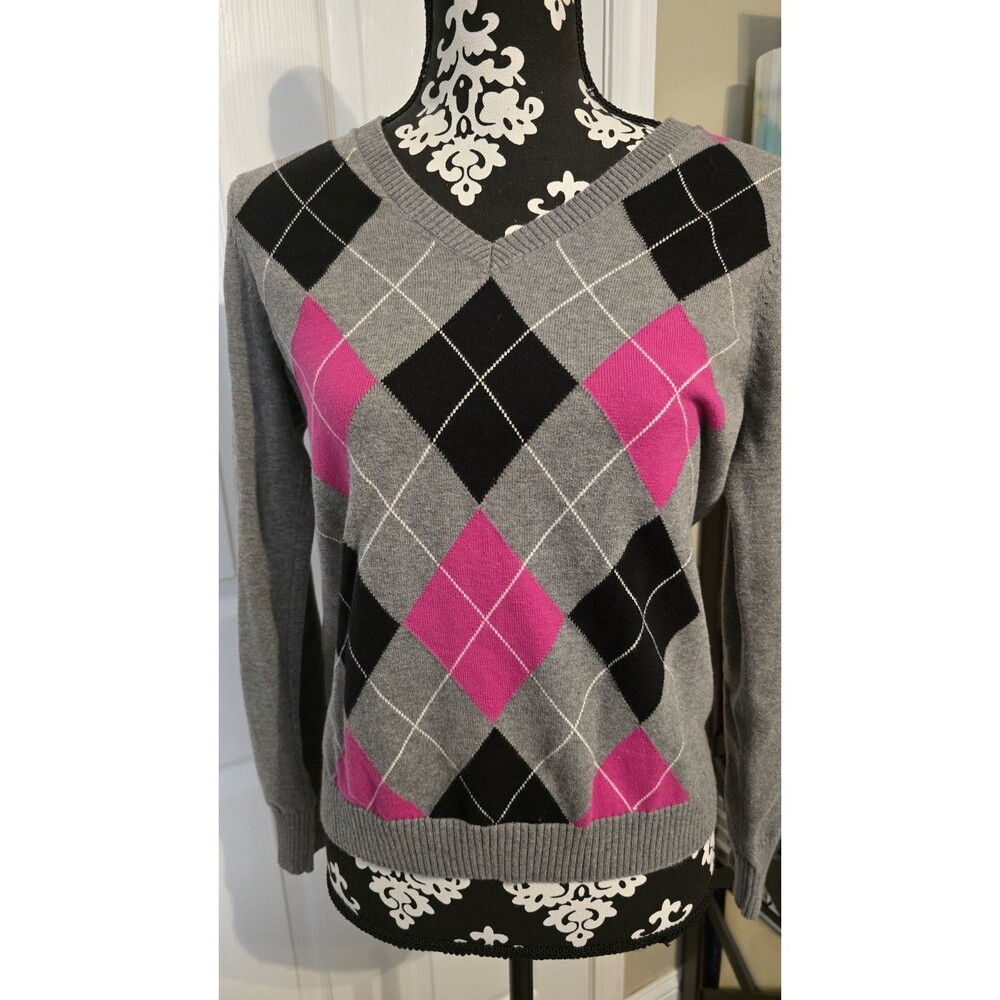 IZOD Argyle Sweater V-Neck Long Sleeve Pink Black Gray Sz Med Preppy / Golf